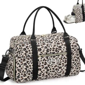 Travel Duffle Bag for Women Large Weekender Overnight Bags Gym Bag with Shoe Compartment Waterproof Hospital Bag Carry On Tote Bag for Airplanes,Leopard