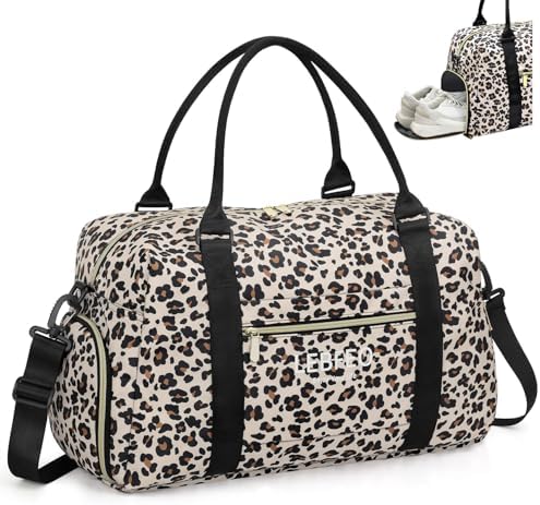 Travel Duffle Bag for Women Large Weekender Overnight Bags Gym Bag with Shoe Compartment Waterproof Hospital Bag Carry On Tote Bag for Airplanes,Leopard