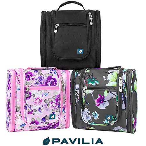 PAVILIA Toiletry Bag Travel Bag for Women Men, Hanging Cosmetic Organizer, Water Resistant Makeup Bag for Accessories Toiletries, Large Travel Essentials Kit (Floral Grey) - Image 9