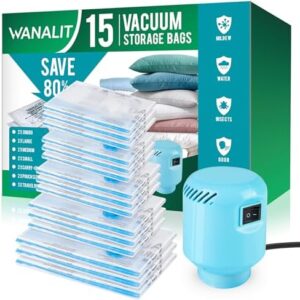 Vacuum Storage Bags with Electric Air Pump, New Air Valve Combo 15 Pack Space Saver Bag, Vacuum Sealer Bags for Clothes, Blanket, Duvets, Pillows, Comforters, Travel, Two Compressing Ways