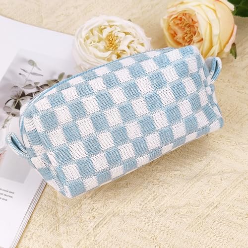 Small Cute Checkered Makeup Bag - Portable Cosmetic Pouch with Zipper, Travel Toiletry Bag, Purse Organizer, Beauty Storage, Blue - Image 9