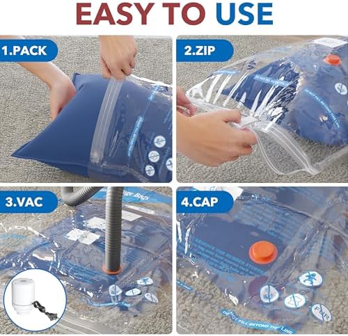 Vacuum Storage Bags with Electric Air Pump 8 Combo (2 Jumbo/2 Large/2 Medium/2 Small), Travel Vacuum Bags For Luggage, Airtight Compression Bags for Clothes, Pillows, Comforters, Blankets, Bedding - Image 4