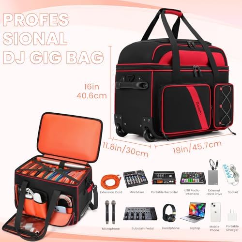 BOSSTIN Rolling DJ Cable Bag with Wheels – DJ Gig Bag Case for Equipment with 15.6" Laptop Compartment, Padded Detachable Dividers, Multi-Pocket Travel Storage for Music Gear & Accessories - Image 3