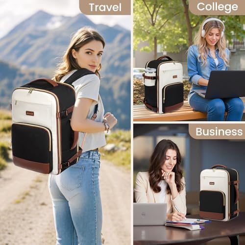 LOVEVOOK Travel Backpack for Women,40L Carry On Backpack Flight Approved,TSA Personal Item Travel Bag Fits 17.3" Laptop with 3 Packing Cubes,Large Waterproof Daypack,Beige and black and brown - Image 2