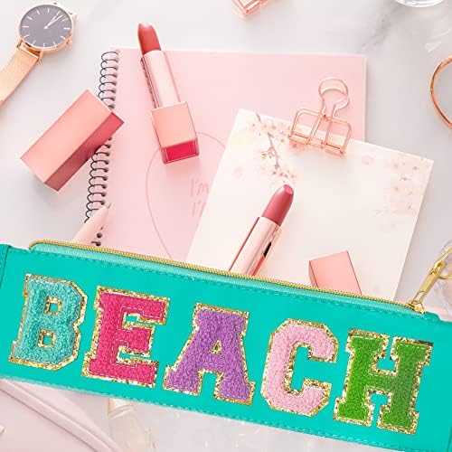 Chenille Letter Clear Travel Zipper Pouch Nylon Makeup Bag, Preppy Makeup Bag Clear Cosmetic Toiletry Bag, Water-proof Makeup Travel Pouch Snack Bags for Women (Mint Green-Beach) - Image 5