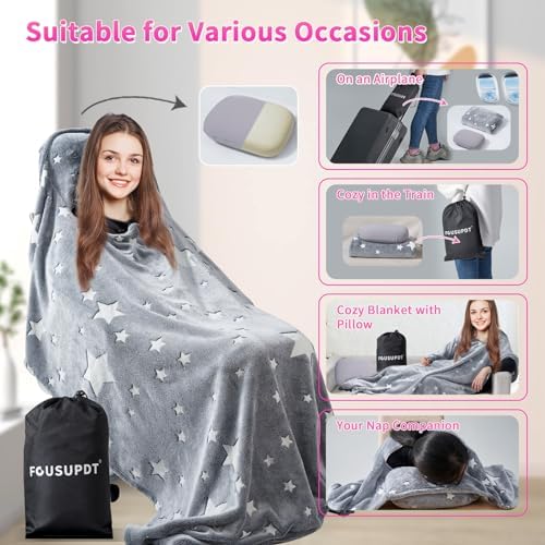 Travel Blanket with Tavel Pillow, 2 in 1 Wearable Airplane Blanket, Packable Travel Blanket and Pillow Set for Flight, Car, Camping, Gift, 70.8*51.9 inch - Image 3