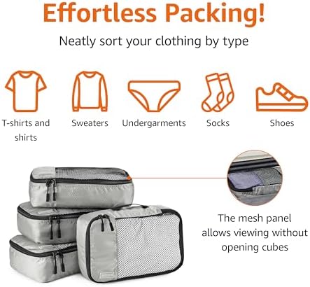 Amazon Basics Small Packing Cubes for Travel, Packing Organizers, 4-Piece-Set With Double Zipper Pulls and Mesh Top Panel, 100% Durable Polyester, Gray, 11"L x 6.8"W x 3"H - Image 2