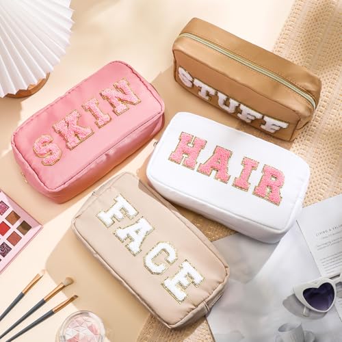 Remerry 4 Pcs Travel Toiletry Bags for Women Nylon Makeup Bag Organizer Cosmetic Chenille Letter Pouch Zipper Preppy Waterproof Hair Pouch Christmas Gift (Light Brown, Beige, Light Pink, White) - Image 3