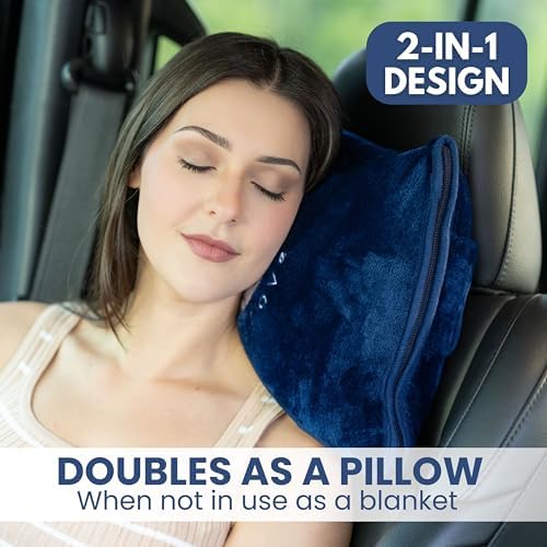 Resty Travel Blanket - Compact Airplane Blanket with Bag - Small and Lightweight Traveling Blanket & Pillow - Portable Blankets with Carabiner for Easy Transport - Plane Train Car (Navy Blue) - Image 5