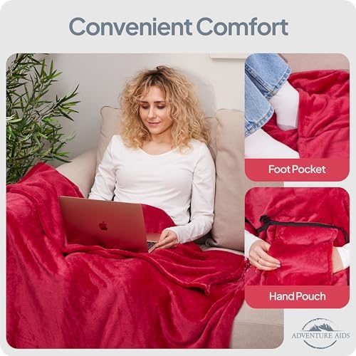 Travel Blanket & Pillow Set of 2- Super Soft 2-in-1 Compact Blanket with Hand & Feet Pouches, Converts into Plush Pillow, Large Size for Airplanes, Travel Essentials, Luggage Sleeve & Clip (Teal/Red) - Image 5