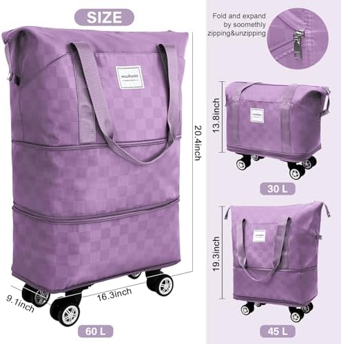 WOOMADA Expandable Foldable Rolling Duffel Bag with Wheels, Detachable Rolling Backpack Weekend Bag for Travel, Gift for Parents, Spouse(Lavender Checkerboard) - Image 2