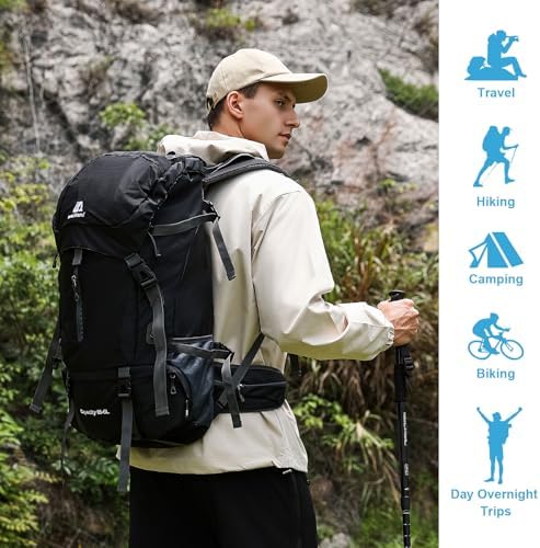ShowyLive 70L Hiking Backpack Men/Women, Lightweight Camping Backpack, Foldable & Packable Daypack Backpacks for Outdoor, Travel Bag With Rain Cover (Black) - Image 2