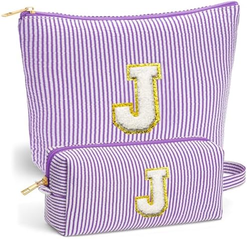 Travel Essentials - Portable Travel Toiletry Bag for Women, Initial Makeup Kit Organizer Make up Cosmetic Bag Set Purple Stuff Birthday Gifts for Women Daughter Mom (Purple Letter J)