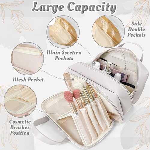 Travel Makeup Bag for Women - Beauty Cosmetic Bag with Brush Storage, Large Capacity Portable Waterproof PU Leather Zipper Toiletry Pouch with Divider and Handle for Girl Birthday Gift (White) - Image 5