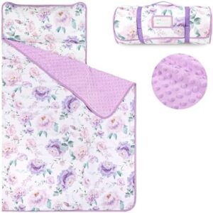 Toddler Nap Mat with Removable Pillow & Soft Minky Blanket, HNHUAMING Extra Large Rolled Napping Mats for Girls Boys, Purple Kids Slumber Bags for Daycare, Preschool Travel Camping, Floral
