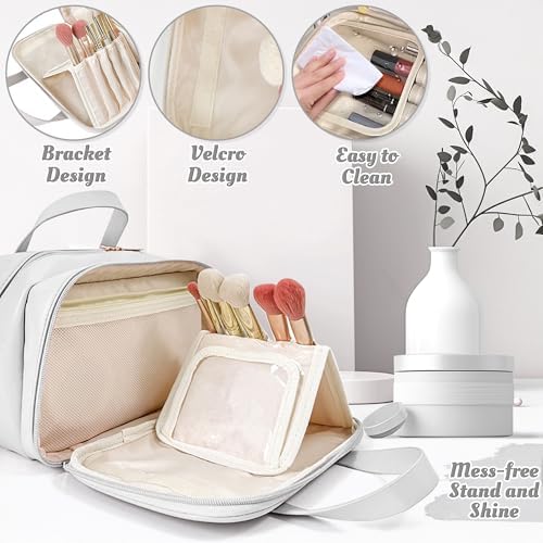 Travel Makeup Bag for Women - Beauty Cosmetic Bag with Brush Storage, Large Capacity Portable Waterproof PU Leather Zipper Toiletry Pouch with Divider and Handle for Girl Birthday Gift (White) - Image 4
