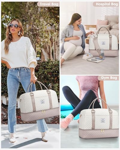 Travel Duffle Bag Weekender for Women - Carry On Overnight Bag with Shoe Compartment Duffel Bag with Wet Pocket Large Gym Weekend Bags Set Hospital Bags for Labor and Delivery Beige - Image 8