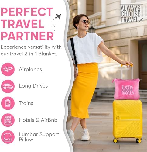 Premium Pillow Blanket Set - 2-in-1 Packable Travel Blanket and Pillow with Hand Luggage Sleeve, Backpack Clip, and Soft Portable Pillowcase - Airplane Blanket for Travel - (Pink) - Image 4