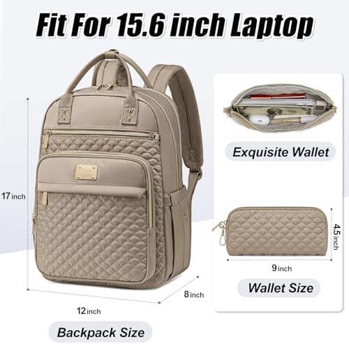 Laptop Backpack for Women,15.6 Inch Laptop Backpack for Work,Waterproof Travel Backpack,College Bookbag with Wallet (Khaki) - Image 2
