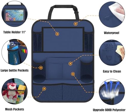 Car Backseat Organizer with 11" Table Holder, 10 Storage Pockets Seat Back Protectors Kick Mats for Kids Toddlers, Travel Accessories, 2 Pack, Blue - Image 2
