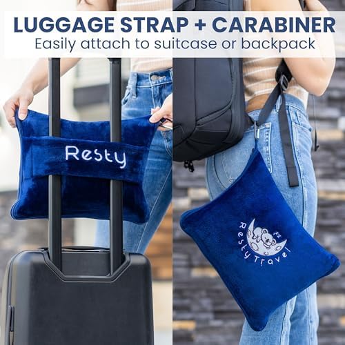 Resty Travel Blanket - Compact Airplane Blanket with Bag - Small and Lightweight Traveling Blanket & Pillow - Portable Blankets with Carabiner for Easy Transport - Plane Train Car (Navy Blue) - Image 4