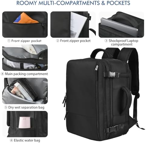 Beraliy Travel Backpack for Men Women, Large Carry On Backpack, Personal Item Bag Airline Approved, 17 inch Laptop Backpack, Business Work Gym Weekender Bag, Black - Image 8