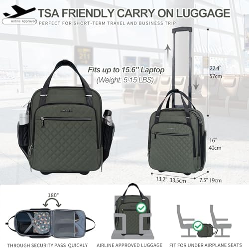 EMPSIGN Underseat Carry On Wheeled - 16" Carry on Bag with Wheels Multi-functional Lightweight Rolling Bag Overnight Weekender Small Suitcase for Women Men Travel Business, Army Green - Image 2