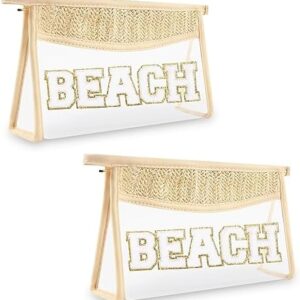 2 Pcs Boho Straw Clear Makeup Letter Bag BEACH Pouch, Sunscreen Bags for Beach Travel Small Cute Chenille Letter SPF Bag Pouch,Waterproof Beach Toiletry Sun Bag Best Beach Accessories for Women(BEACH)