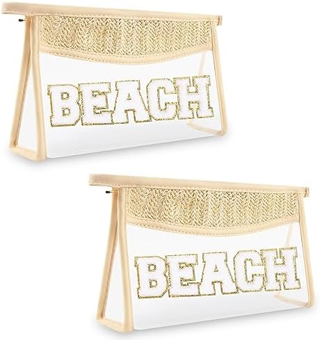 2 Pcs Boho Straw Clear Makeup Letter Bag BEACH Pouch, Sunscreen Bags for Beach Travel Small Cute Chenille Letter SPF Bag Pouch,Waterproof Beach Toiletry Sun Bag Best Beach Accessories for Women(BEACH)