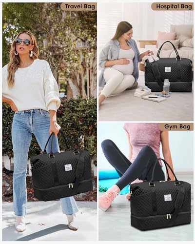Women Weekender Travel Duffle Bags: Duffel Overnight Bag with Shoe Compartment Large Carry on Tote Bag Toiletry Bag Weekend Yoga Gym Bags with Wet Pocket Hospital Bags for Labor and Delivery Black - Image 8