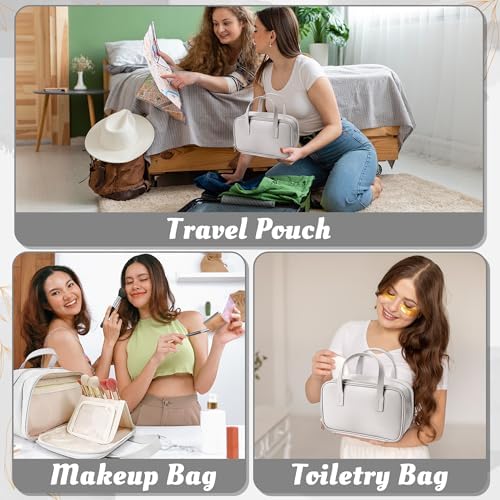 Travel Makeup Bag for Women - Beauty Cosmetic Bag with Brush Storage, Large Capacity Portable Waterproof PU Leather Zipper Toiletry Pouch with Divider and Handle for Girl Birthday Gift (White) - Image 6