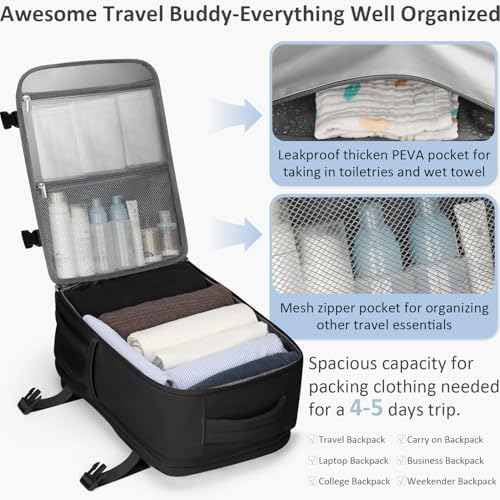 Travel Backpack for Women Men Carry on Flight Approved Lightweight 15.6 Inch Laptop Backpack Duffle College Business Work Weekender Hiking Travel Essentials Suitcase Backpack Black - Image 3