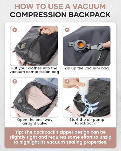 Vacuum Travel Backpack with Pump for Women,Airback Personal Item Carry on Backpacks Flight Approved 18x14x8 inches for Men,Laptop Waterproof Work Compression bags Casual Daypack,Pink. - Image 4