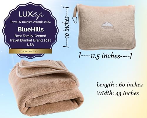 BlueHills Premium Soft Travel Blanket Pillow Airplane Blanket Packed in Soft Bag Pillowcase with Hand Luggage Belt and Backpack Clip, Compact Pack Large Essential for Any Travel (Beige T005) - Image 3