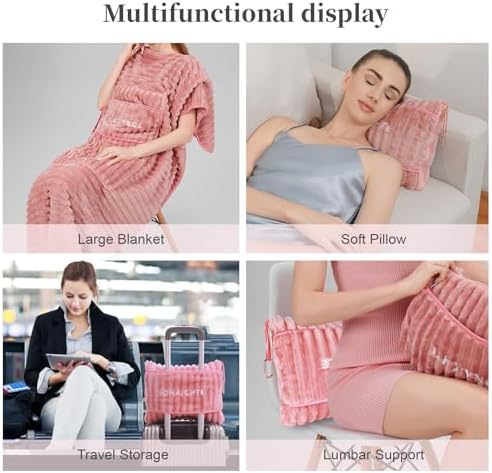 Travel Pillow and Blanket Set Travel Blanket Airplane Compact with Bag Travel Blanket Airplane Travel Essentials Car Blankets for Adults (Light Pink) - Image 5