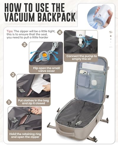 Vacuum Travel Backpack with Electric Pump for Women Men, Vacpack Seal Compression Bags Waterproof Travel Backpack Carry on Flight Approved, Airback Personal Item Carry on Backpacks（grey brown） - Image 6