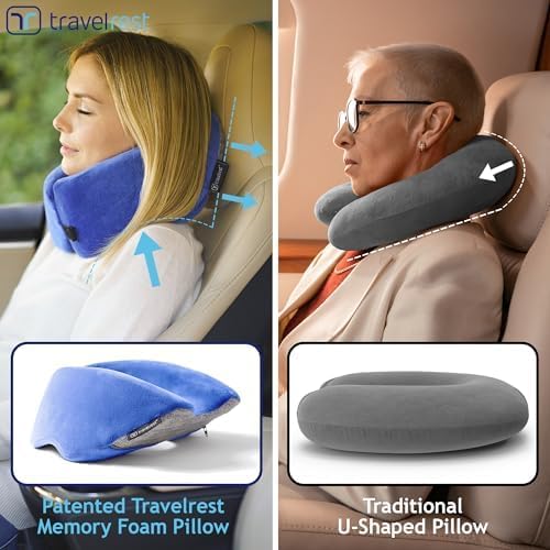 TRAVELREST Nest Memory Foam Travel Neck Pillow, Advanced Support for Long Flights, Patented Design, Optimal Relaxation, Compact, Ergonomic, and Washable, On-The-Go, Attaches to Luggage - Blue - Image 6