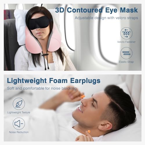 Travel Pillow for Airplane Memory Foam Neck Pillow, Soft & Support Travel Pillow for Travelling with Eye Mask, Earplugs and Storage Bag, Sleeping Rest, Car, Train and Home Use Cooling, Pink - Image 4