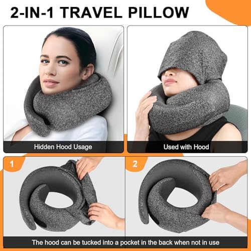 Travel Pillow - Hooded Neck Pillow Airplane, Memory Foam Pillow for Plane, Office, Cars Sleeping, Long Flight Must Haves, Road Trip Essentials Accessories for Adults (Dark Gray) - Image 2