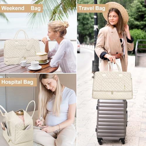 3 Pack Travel Duffle Bag, Weekend Bags for Women with Shoe Compartment, Large Toiletry Personal Item Travel Carry on Bags with Wet Pocket, Gym Overnight Hospital Bag for Delivery Business Beige - Image 7