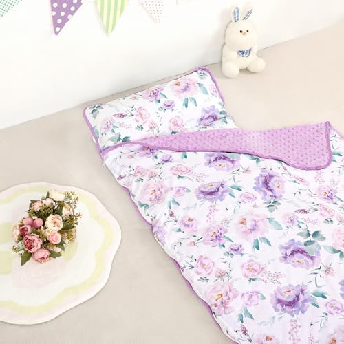 Toddler Nap Mat with Removable Pillow & Soft Minky Blanket, HNHUAMING Extra Large Rolled Napping Mats for Girls Boys, Purple Kids Slumber Bags for Daycare, Preschool Travel Camping, Floral - Image 5