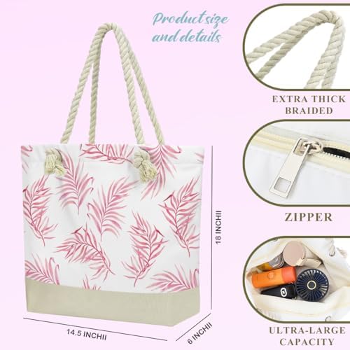 BELLOWDEER Beach Bags for Women, Wet Bag Cosmetic Bag, Pool Waterproof Shoulder Tote Bags, Pocket Zipper Summer Travel Essentials, Gifts for Women Birthday - Pink Palm Leaves (2-Piece Set) - Image 2