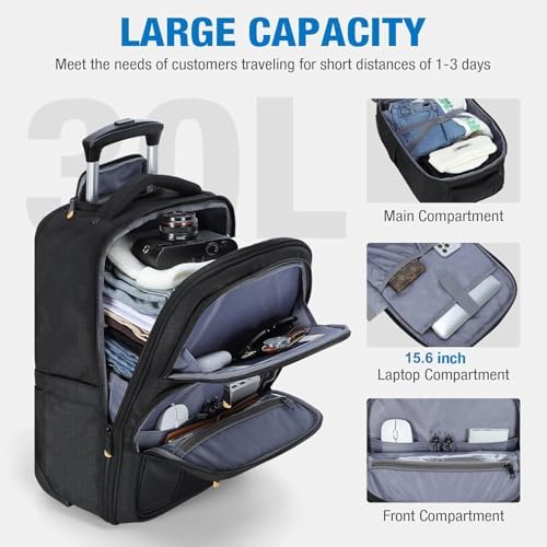 Rolling Backpack - 15.6 inch Laptop Backpack for Adults with Wheels Flight Approved Water Resistant Carry on Wheeled Backpacks for Travel Trip Business College Commute Black - Image 3