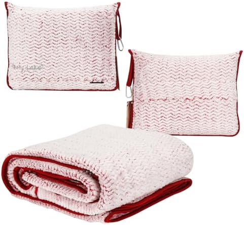 Travel Blanket and Pillow Set,Airplane Blanket Compact 2-in-1 Soft Bag,Travel Essentials for Flight,Plane Car Traveling Gift Accessories,Luggage Backpack Strap 65"x50" (Ⅰ-White Red)