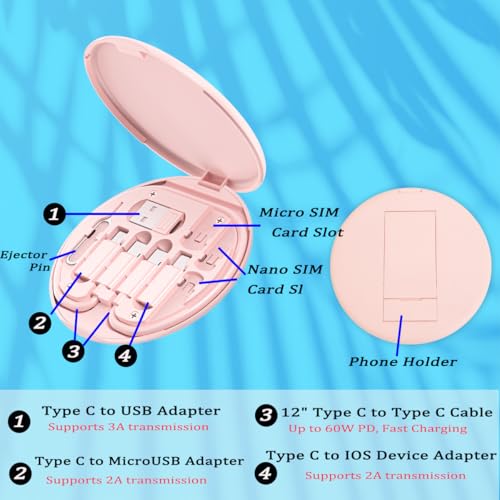 Multi USB Charging Adapter Cable Kit, USB C to iOS Device Adapter Box, Conversion Set A & Type C to Male Micro/Type C/iOS Device, Data Transfer, Card Storage, Tray Eject Pin, Phone Holder (Pink) - Image 3