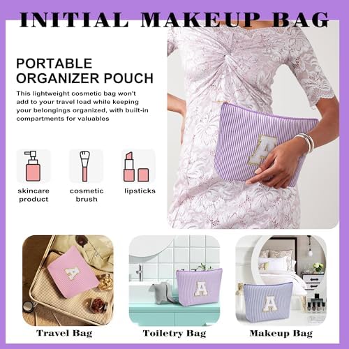 Travel Essentials - Portable Travel Toiletry Bag for Women, Initial Makeup Kit Organizer Make up Cosmetic Bag Set Purple Stuff Birthday Gifts for Women Daughter Mom (Purple Letter J) - Image 3