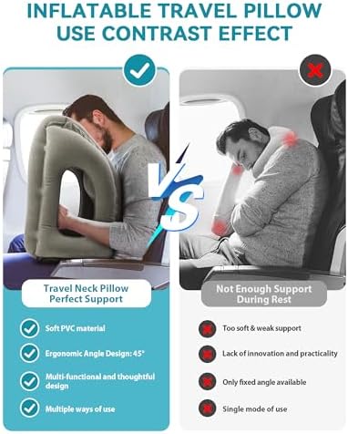 JefDiee Inflatable Travel Pillow, Airplane Neck Pillow Comfortably Supports Head and Chin for Airplanes, Trains, Cars Office Napping on The Tray Table (Grey) - Image 5