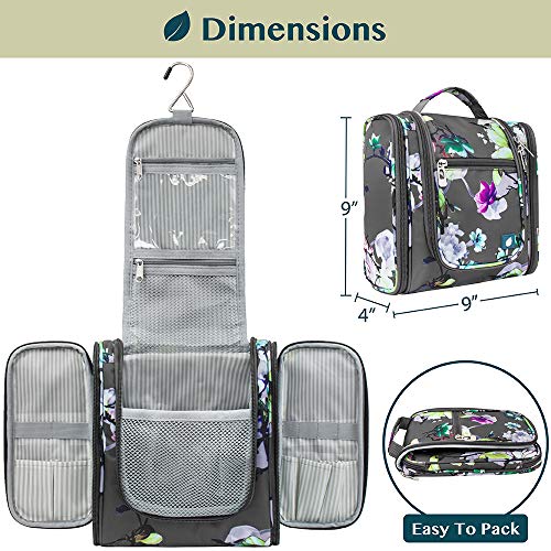 PAVILIA Toiletry Bag Travel Bag for Women Men, Hanging Cosmetic Organizer, Water Resistant Makeup Bag for Accessories Toiletries, Large Travel Essentials Kit (Floral Grey) - Image 3