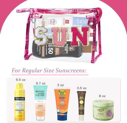 COSHAYSOO Clear Makeup Bag Sunscreen Pouch Summer Things Accessories Waterproof Beach Pool Essentials Stuff Air Cruise Travel Toiletry Gifts for Women Teenage Girls with Chenille Letter Pink SUN - Image 3