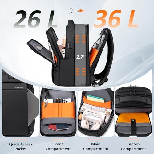FENRUIEN Expandable Travel Backpack for Men, Water Resistant Computer Backpack with USB Charging Port,Black Laptop Bag 15.6 Inch - Image 2